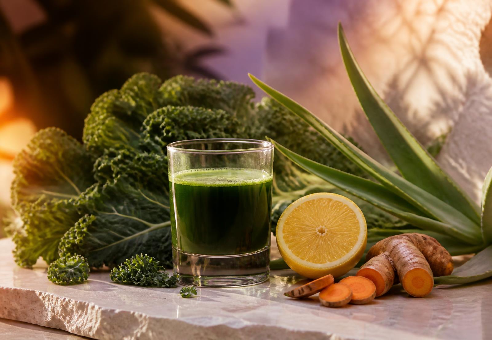 Kale, aloe vera, lemon, turmeric and a glass of green juice on a stone surface